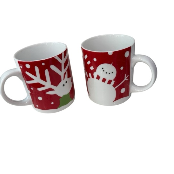 Crate & Barrel Christmas Coffee Mugs Lot of Two 12 oz ceramic Reindeer Snowman - Picture 1 of 4